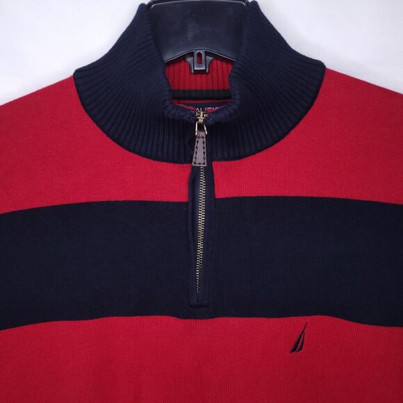 Nautica Sweater Mens XXL Striped Red, Navy Rugby 1/4 Zip - Picture 2 of 10